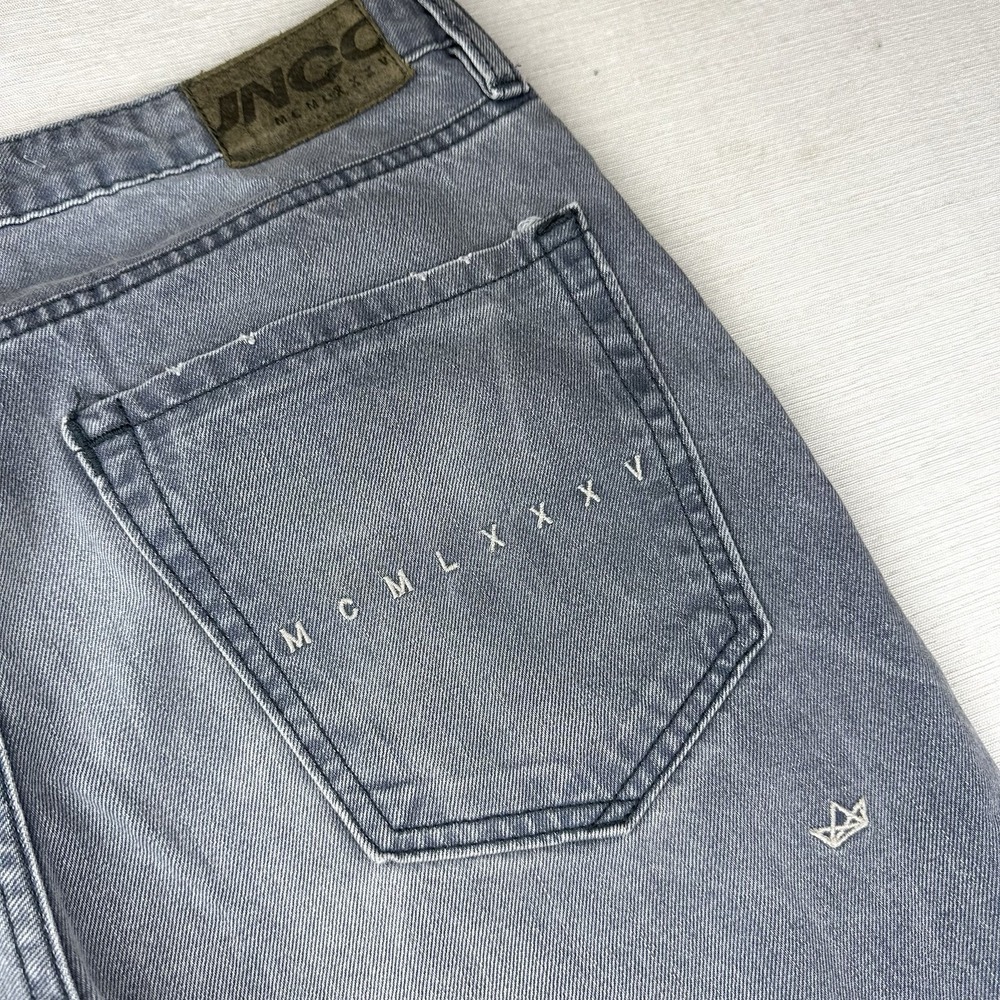 JNCO Jeans MCMLXXXV Straight‎ Leg Denim Women Gray Embroidered Pocket Crown